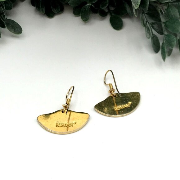 Vintage Gold & Black Enamel Roman Half-Moon Drop Earrings With Abstract Design - Picture 4 of 6